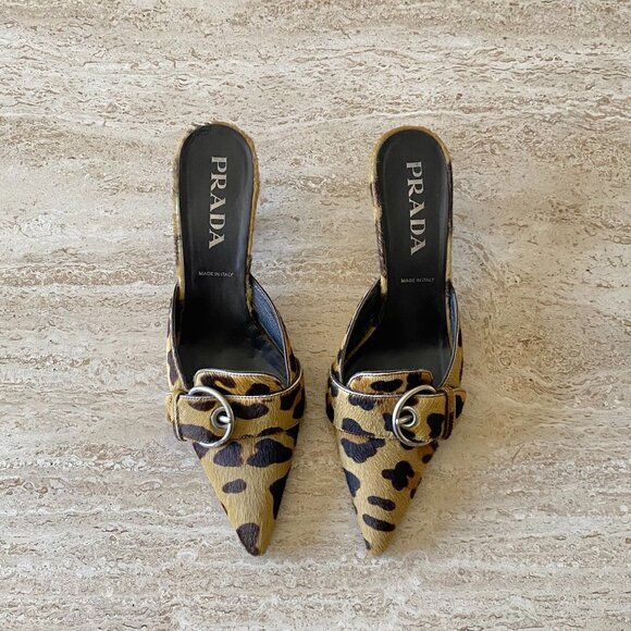Vintage Prada Leopard Pony Hair Buckle Kitten Heel Mules - Picture 1 of 10